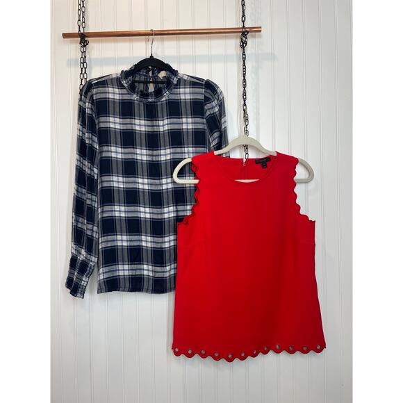 J. Crew & LOFT Red Scalloped Blouse & Plaid High Neck Shirt Top Bundle Size M - Picture 1 of 11